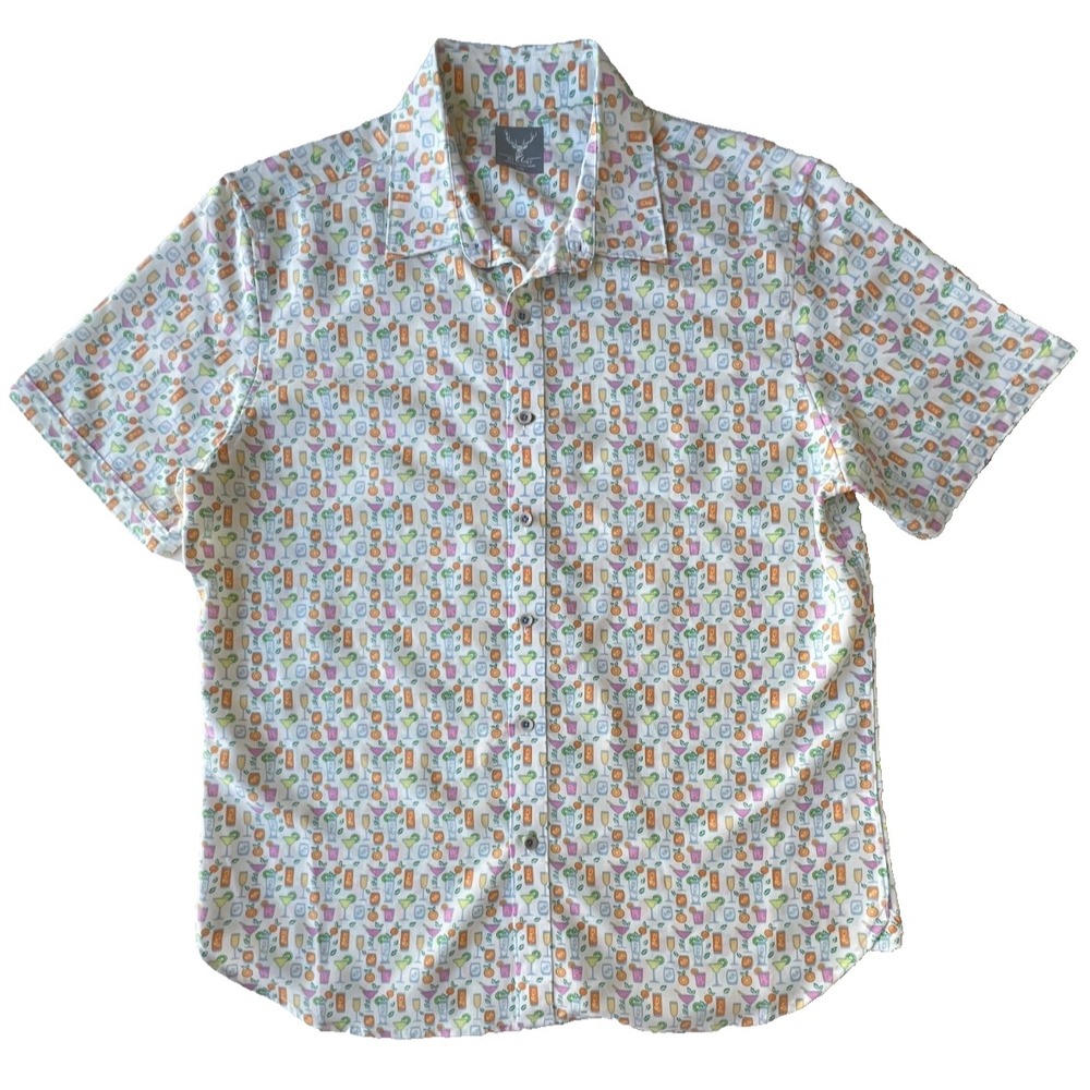Nicoby Shirt L Mens Cocktail Multicolor Happy Hour Print Short Sleeve Button $98